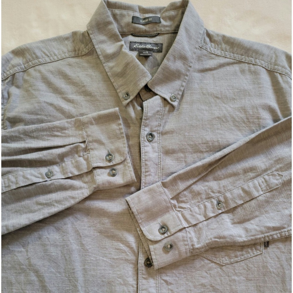 Eddie Bauer Button Down Shirt Mens L Gray Classic Fit Cotton‎ Long Sleeve Slub